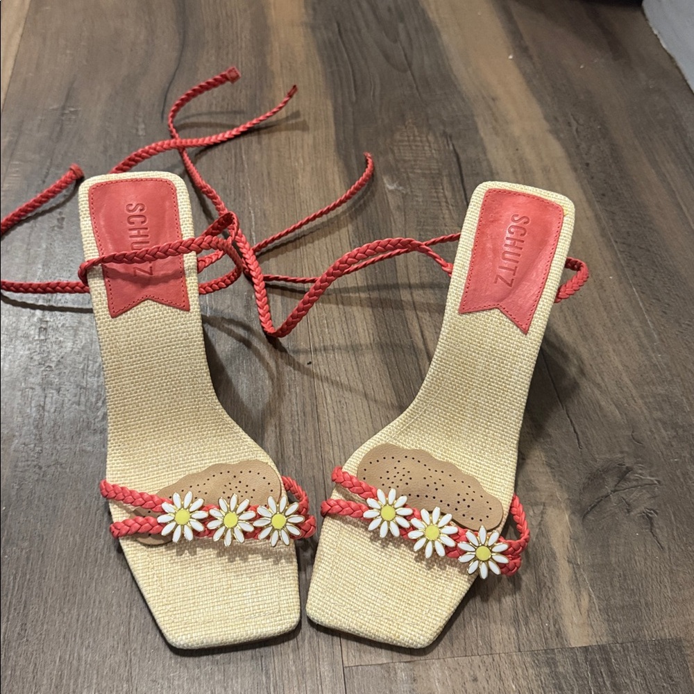 SCHUTZ Beige and Red Daisy Sandals. 
Cloth bag! Braided laced up ties.